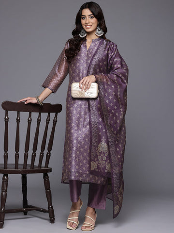 Varanga Women Mauve Floral Printed Mandarin Collar Straight Kurta Paired With Bottom & Dupatta